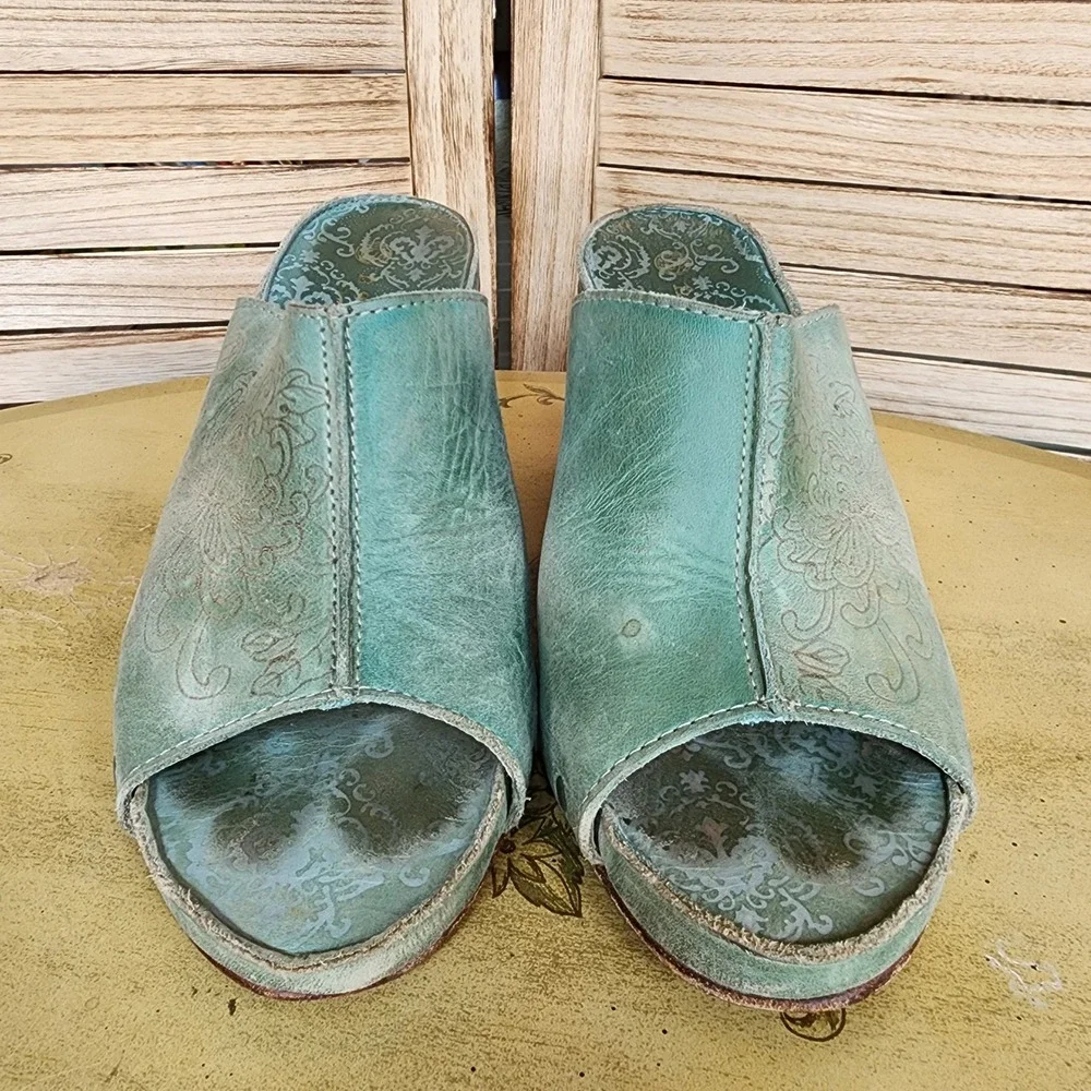 Neosens EU 38 US 7.5 8 Anthropologie Green Leather Wedge Sandals Mules Boho